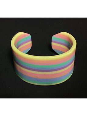 Vintage Laminated Lucite Cuff Bracelet in Muted iRainbow Neons Glows in UV